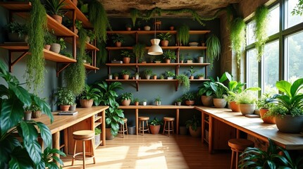 Cozy indoor greenhouse filled with lush green plants and natural light