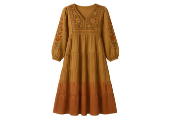 Bohemian tiered dress with elegant floral embroidery, isolated on transparent.