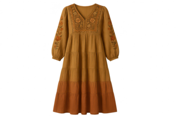 Bohemian tiered dress with elegant floral embroidery, isolated on transparent.
