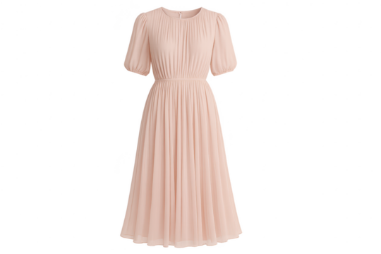 Elegant light pink pleated midi dress isolated on transparent background.