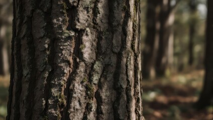 Obraz premium Close-up of a pine tree trunk, textured bark, forest background