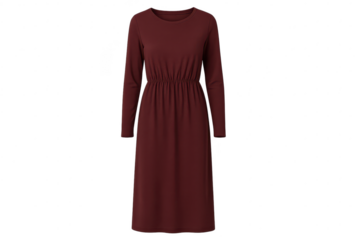 Maroon long-sleeved midi dress isolated on transparent background, women's fashion