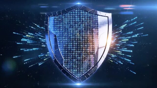 A glowing shield emblem floats! among a shower of golden-blue digital particles, radiating strength