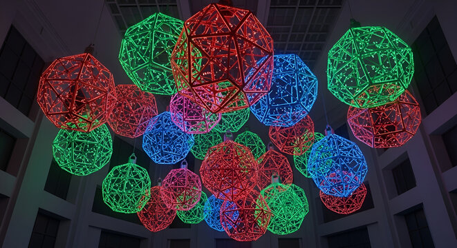 A mesmerizing display of colorful neon wireframe orbs suspended as a modern light installation in a dark architectural interior