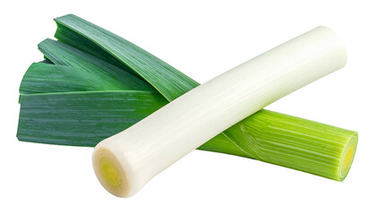 Two fresh leeks are isolated, showcasing vibrant green leaves and creamy white stalks