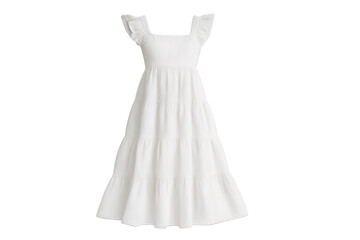 White tiered maxi dress with ruffled sleeves, isolated on transparent background