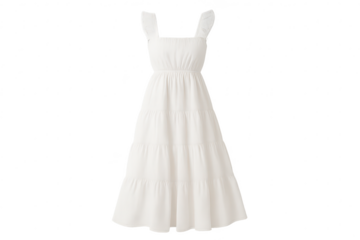Elegant white tiered midi dress with ruffle straps, isolated on transparent background