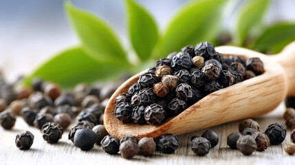 Wooden Scoop with Black Peppercorns and Green Leaves