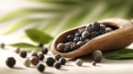 Wooden Scoop with Black Peppercorns and Green Leaves