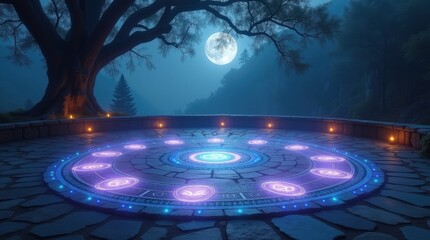 Mystical glowing circle under a full moon and ancient tree