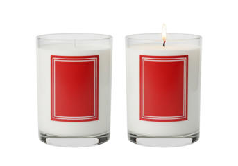 Candles glass jars with red labels isolated on white backgroundb