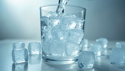 Glass of Ice Cubes with Water Pour