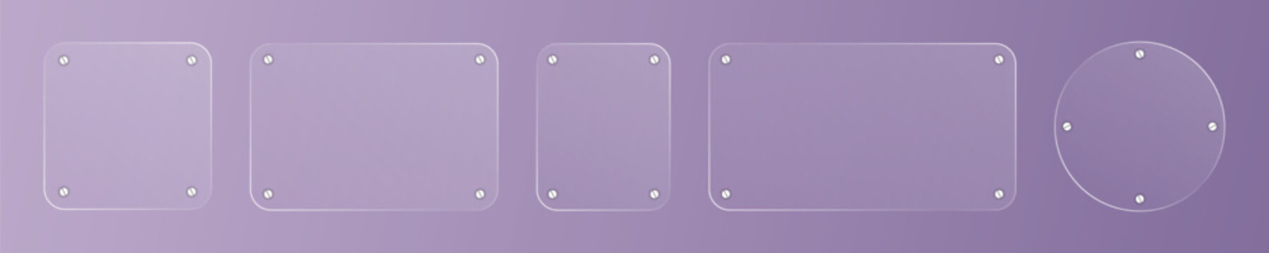 Realistic glass plate with rivets. White acrylic frame with rectangle, square and circle banner with glow stroke vector illustration