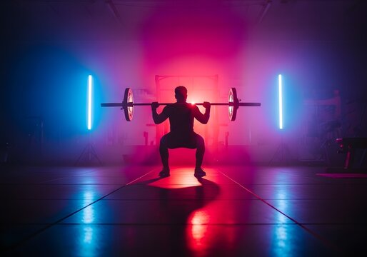 Athlete performs weightlifting squat in a gym with vibrant neon lights