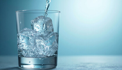 Glass of ice cubes with water pouring in