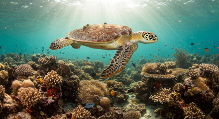 Obraz premium An enchanting underwater scene featuring a majestic sea turtle exploring the wonders of a vibrant coral reef