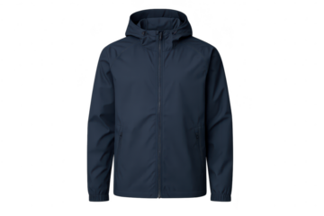 Stylish dark blue hooded jacket isolated on transparent background, studio shot.