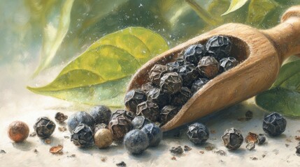 Wooden Scoop with Black Peppercorns and Green Leaves