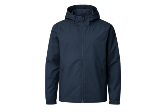 Stylish dark blue hooded jacket isolated on transparent background, studio shot.