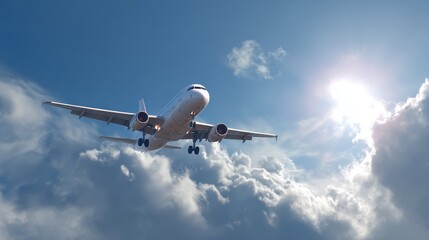 Fototapeta premium A commercial airplane flies high above the clouds under a clear sky filled with sunlight. It glides smoothly on its flight path leaving a calm atmosphere.
