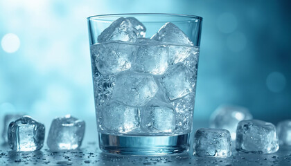 Glass of Water with Ice Cubes and Scattered Ice Cubes