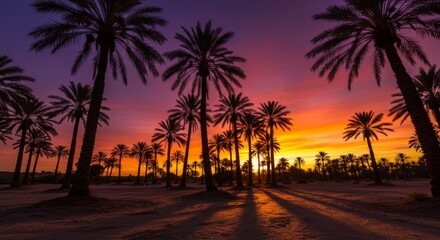 Obraz premium Vibrant Sunset Silhouette of Palm Trees in Desert Landscape
