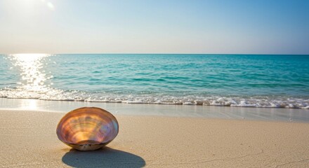 Obraz premium Seashell on Sandy Beach with Turquoise Ocean and Sunlight