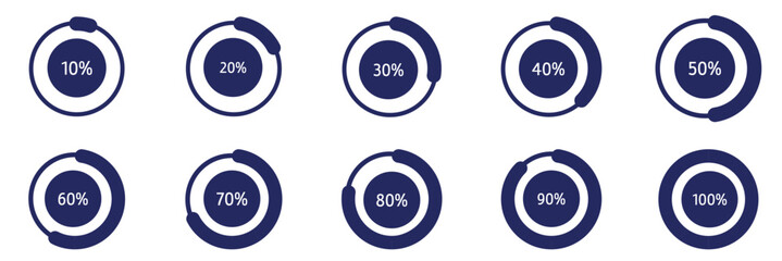 Circular Progress Bar Set. Vector Percentage Indicators from 10 to 100 for UI & Infographics percent charts. Vector percentage infographics. Diagrams set. Illustrations for business, finance, download