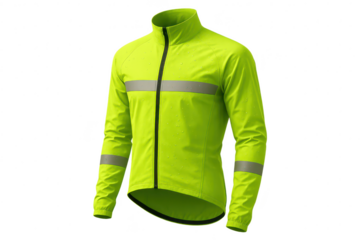 Vibrant neon yellow cycling rain jacket isolated on transparent background, waterproof