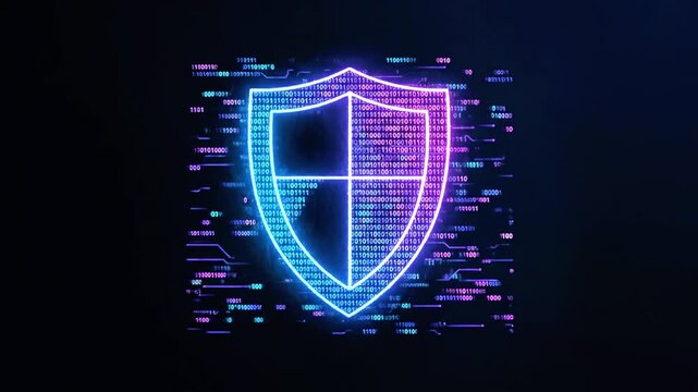 Neon shield emblem glows amid spiraling binary code symbolizing digital cybersecurity and protection