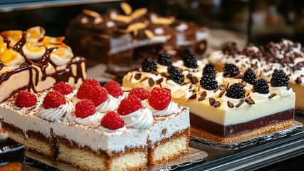 Assorted gourmet pastries with fresh fruits and chocolate in a bakery display. International Cake Day