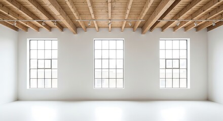 Spacious room with exposed wooden beams and large grid windows interior empty