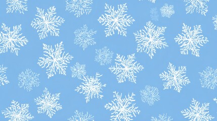 A serene scene captures a bright blue background filled with delicate white snowflakes of varying sizes creating a peaceful winter atmosphere.