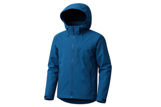 Blue hooded waterproof outdoor jacket, isolated on transparent background.