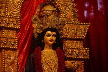 Subho mahalaya, An handmade colorful idol of hindu god kartikeya decorated in Pandal during...