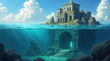 Ancient underwater ruins and castle on a tropical island