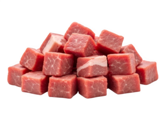 Pile of freshly cut raw beef cubes for cooking
