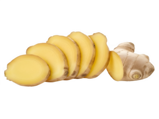 Freshly sliced ginger root on a black background