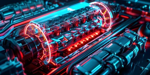Intricate mechanical engine components illuminated with vibrant neon blue and red lights, conveying power and advanced technology.