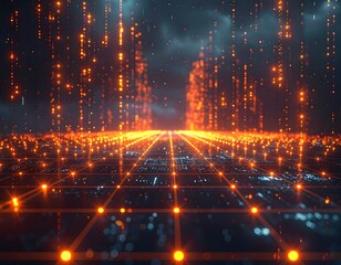 Futuristic digital landscape with glowing orange light trails
