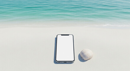 Blank smartphone screen mockup on serene white sand beach with seashell and ocean