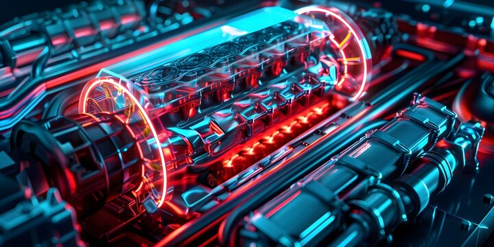 Intricate mechanical engine components illuminated with vibrant neon blue and red lights, conveying power and advanced technology.