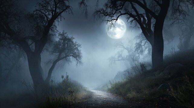 Mysterious foggy forest at night with moonlit winding path, eerie halloween atmosphere, shadowy trees, and mystical woodland scenery