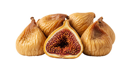 Group of dried figs one cut in half isolated on transparent background