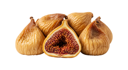 Group of dried figs one cut in half isolated on transparent background