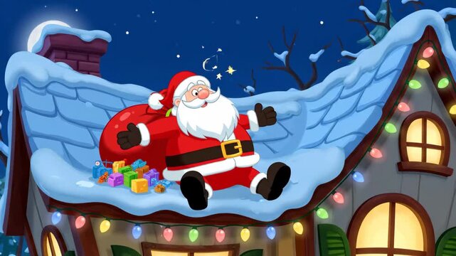 festive santa arranges gifts at night, yuletide santa balances among glowing decorations and knickknacks, holiday santa carefully arranges presents on roof beneath luminous moonlit night.