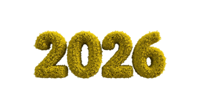 Golden 2026 numbers with floral texture isolated on transparent background