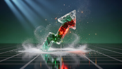 Futuristic 3D Christmas-themed stock market scene with glowing red and green elements, snowfall, holographic light, and cinematic winter atmosphere. AI Generated.