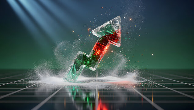 Futuristic 3D Christmas-themed stock market scene with glowing red and green elements, snowfall, holographic light, and cinematic winter atmosphere. AI Generated.