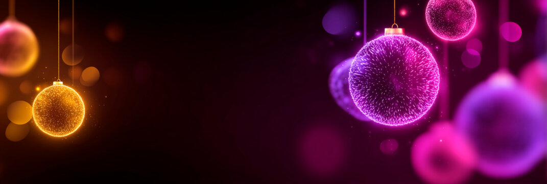 Glowing magenta and gold Christmas baubles float against a soft bokeh backdrop, creating a warm, festive and modern holiday atmosphere.